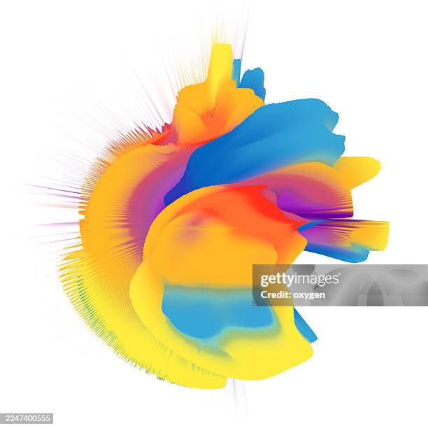 vibrant abstract 3d shape with gradient colors on white background. a vivid explosion in yellow, blue, orange, and pink - starburst galaxy stock pictures, royalty-free photos & images