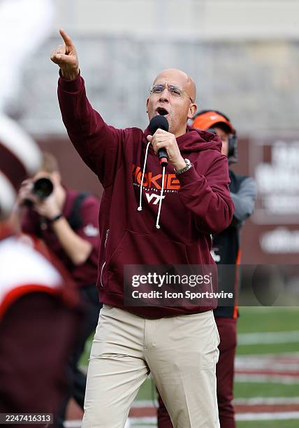 Virginia Tech Hokies head coach James Franklin address the crowd during a college football game between the Miami Hurricanes and the Virginia Tech...