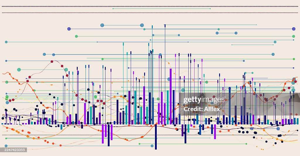 Vibrant Abstract Data Visualization With Colorful Bar Graphs And Network Lines On Beige Background