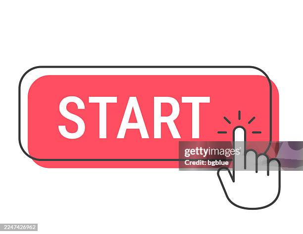 start - click button with hand cursor on white background - push to start button stock illustrations