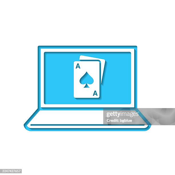 laptop with playing card. icon cut out on white paper with blue background - blackjack stock illustrations