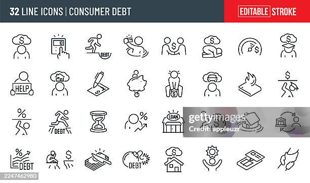 consumer debt thin line icons - editable stroke - debt collection stock illustrations