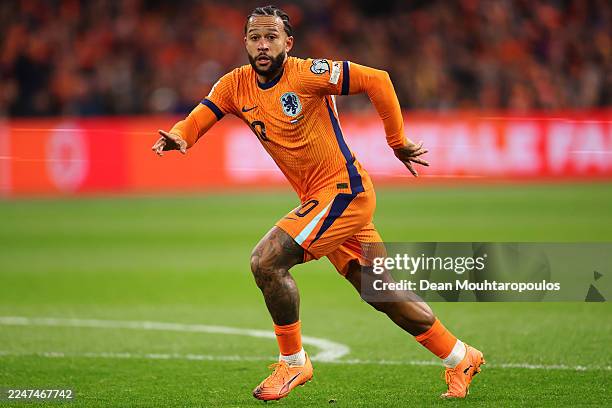 Memphis Depay of Netherlands in action during the FIFA World Cup 2026 qualifier match between Netherlands and Lithuania at Johan Cruijff Arena on...