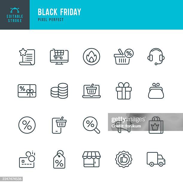 black friday - thin line vector icon set. pixel perfect. editable stroke. the set consists of icons such as shopping, sale season, discounts, online shopping, store, checklist, cash back, gift, gift card, shopping bag, free shipping. - cash back financial transaction stock illustrations