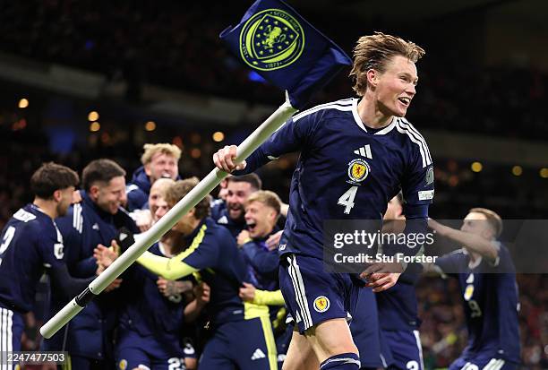 Scotland player Scott McTominay celebrates with the corner flag after the 4th Scotland goal during the FIFA World Cup 2026 qualifier match between...
