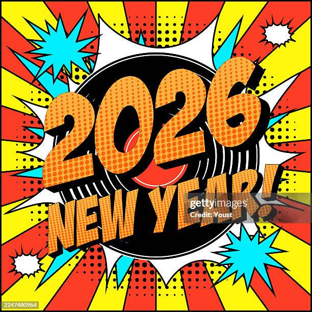 new year 2026 comic text on explosion speech bubble in pop art style. - comic explosion stock illustrations