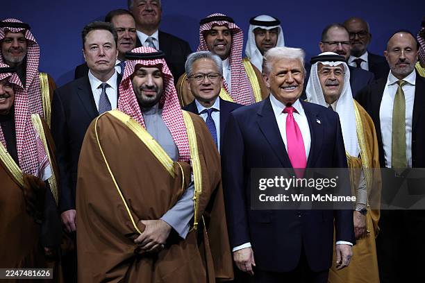 President Donald Trump and Crown Prince and Prime Minister Mohammed bin Salman of Saudi Arabia stand for a photo with Tesla CEO Elon Musk, Nvidia CEO...
