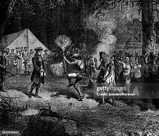 william henry harrison meets with chief tecumseh, tenskwatawa the prophet, and the shawnee people at vincennes, indiana, united states - 19th century - tenskwatawa stock illustrations