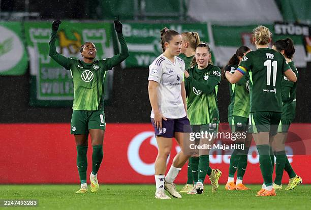 Lineth Beerensteyn of Wolfsburg celebrates scoring her team's third goal during the UEFA Women's Champions League 2025/26 league phase match between...