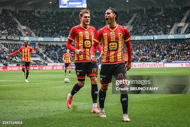 Mechelen's Spanish defender Jose Marsa celebrates after scoring his team first goal during the Belgian Pro League football match between KRC Genk and...
