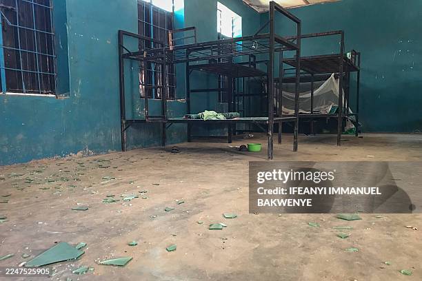 General view of empty bunk beds and scattered belongings inside a student dormitory at St. Mary's Catholic School in Papiri, Agwarra local...
