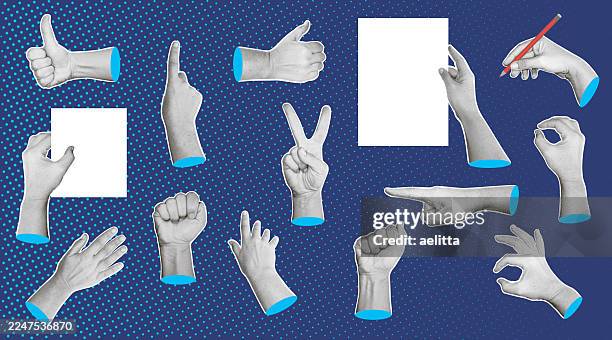 illustrations of hands in halftone style, displaying various gestures and poses. - positioning stock illustrations