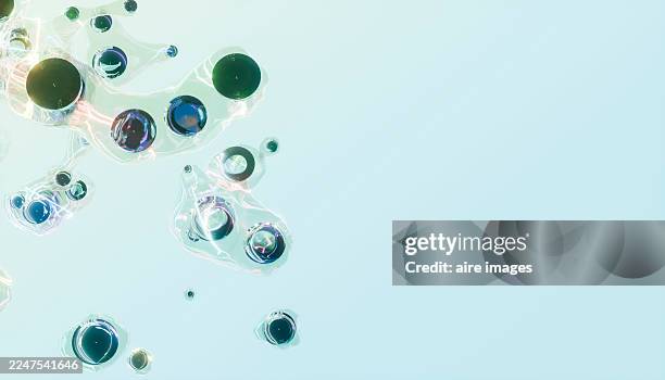 abstract molecular structure creating connected bubble network background - nanotecnologia imagens e fotografias de stock