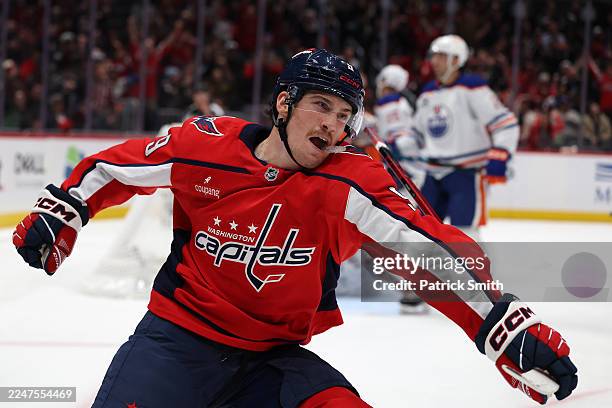 Ryan Leonard of the Washington Capitals celebrates after scoring his second goal of the game against the Edmonton Oilers during the second period at...