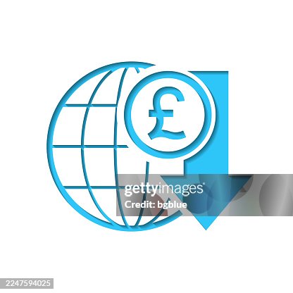 Pound rate decrease. Icon cut out on white paper with blue background Pound rate decrease. Icon cut out on white paper with blue background