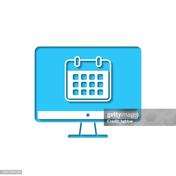 desktop computer with calendar. icon cut out on white paper with blue background - schedule appointment on computer stock illustrations