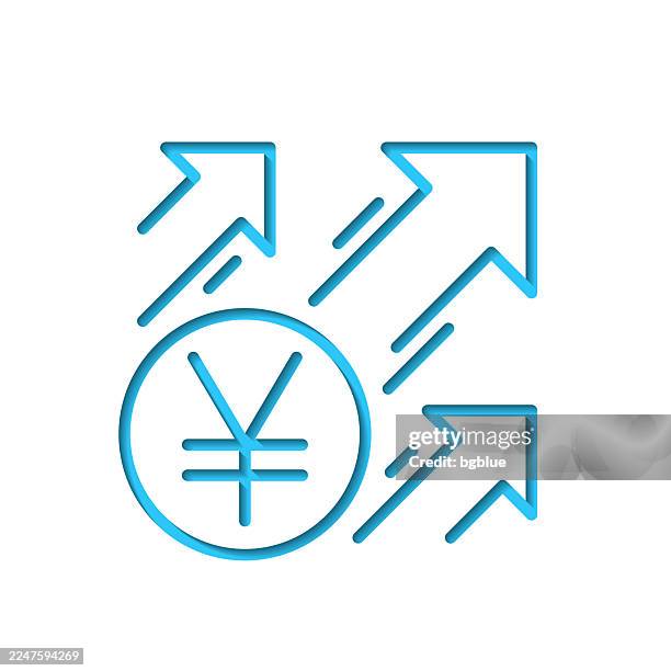yen increase. icon cut out on white paper with blue background - stencil numbers stock illustrations
