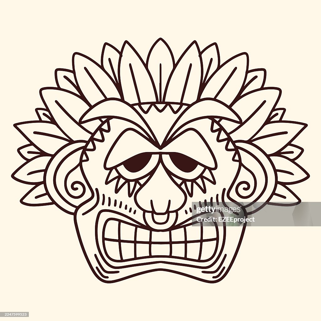 Monoline Tribal Mask Doodle Illustration. Outline Drawing of Ancient Tiki Mask. Traditional Ethnic Mask Line Art on Beige. Exotic Hawaiian or Aztec Style Tattoo Design