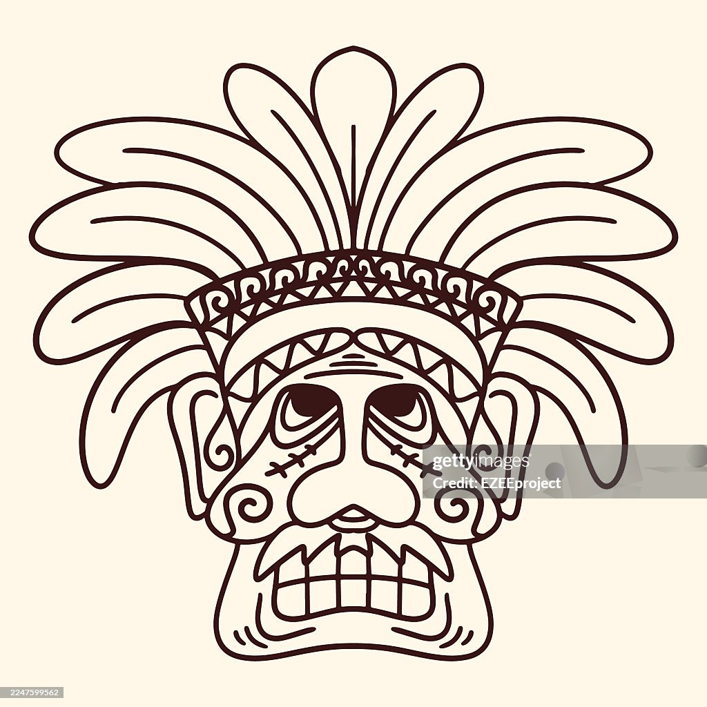 Monoline Tribal Mask Doodle Illustration. Outline Drawing of Ancient Tiki Mask. Traditional Ethnic Mask Line Art on Beige. Exotic Hawaiian or Aztec Style Tattoo Design