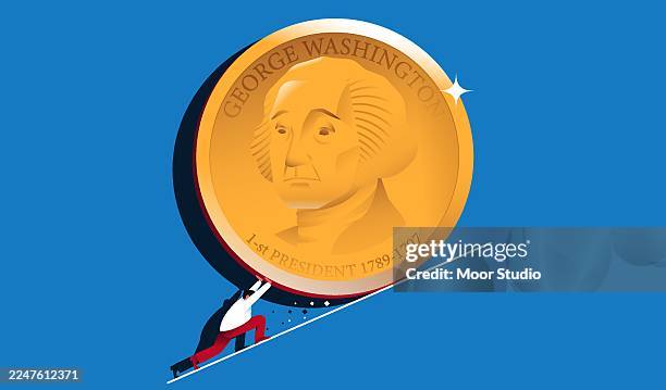 ilustraciones, imágenes clip art, dibujos animados e iconos de stock de hombre empujando el dólar cuesta arriba sobre un fondo azul - volátil
