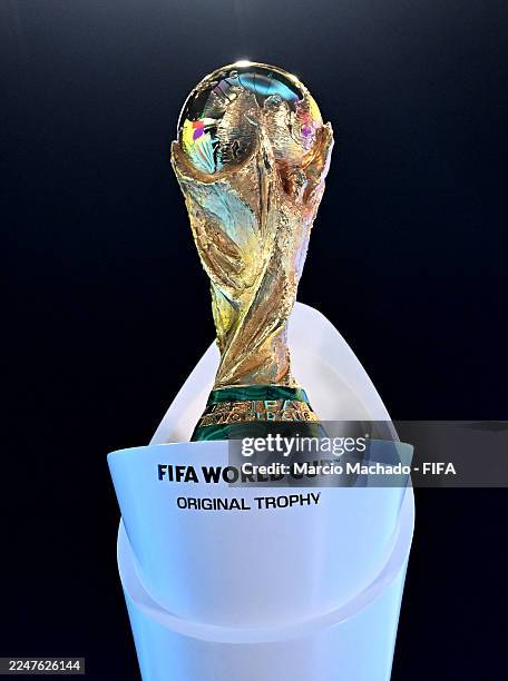 General view of the FIFA World Cup trophy on display prior to the FIFA World Cup 2026 Play-Off Tournament and European Play-Off Draw at Home of FIFA...