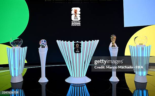 General view of the FIFA World Cup trophy on display on stage prior to the FIFA World Cup 2026 Play-Off Tournament and European Play-Off Draw at Home...