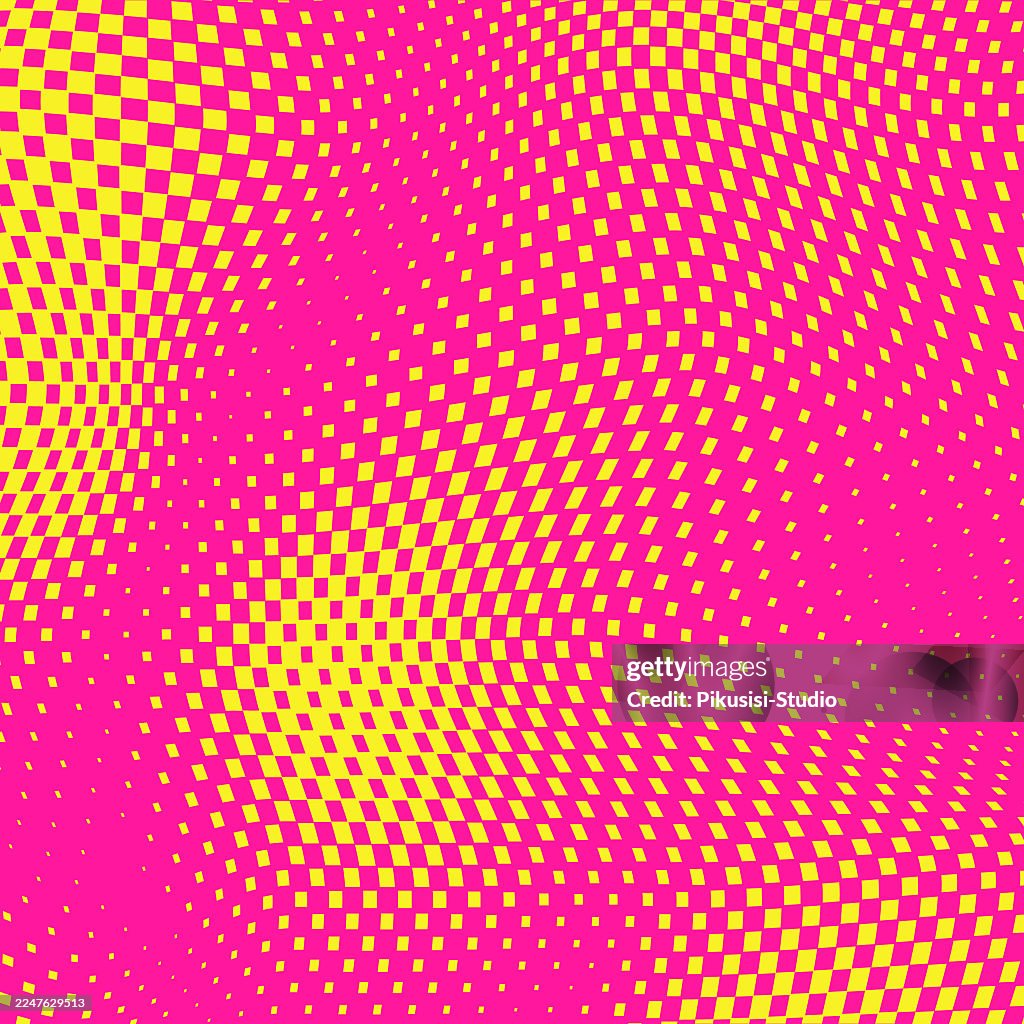 Abstract Pink Yellow Wavy Checkered Pattern Background, Distorted Surface. Optical Illusion Banner