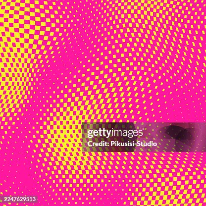 Abstract Pink Yellow Wavy Checkered Pattern Background, Distorted Surface. Optical Illusion Banner Abstract Pink Yellow Wavy Checkered Pattern Background, Distorted Surface. Optical Illusion Banner