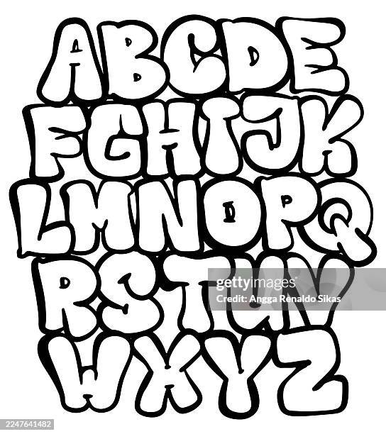 bubble graffiti alphabet font black and white set - graffiti text stock illustrations