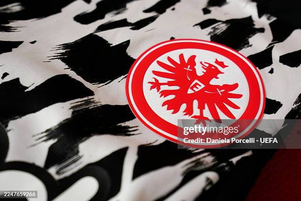 The Eintracht Frankfurt logo is seen on a kit inside the dressing room is seen prior to the UEFA Women's Europa Cup 2025/26 Round of 16 Second Leg...