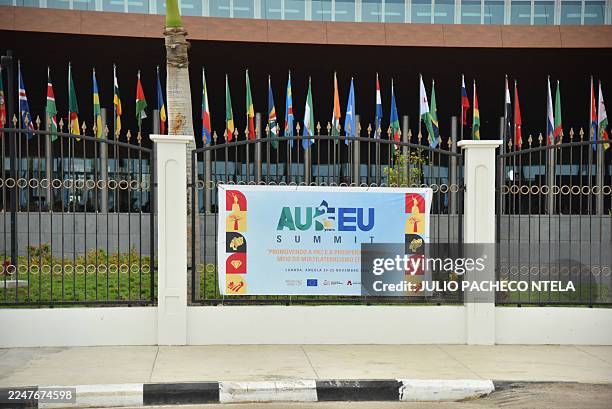 General view of a banner placed on the gating of the Salao Protocolar in Luanda on November 24 where the Africa Union - European Union summit takes...