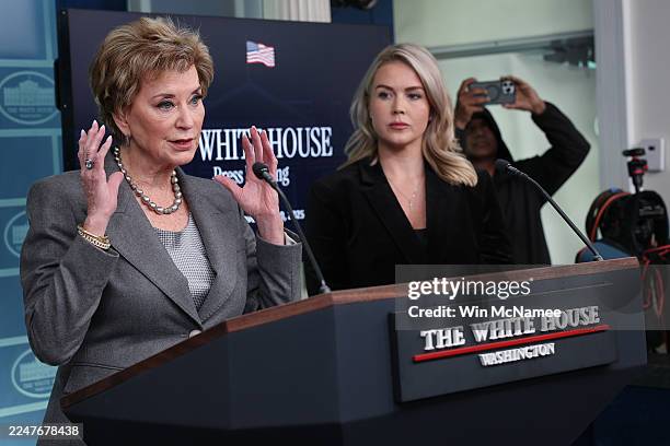 Secretary of Education Linda McMahon speaks during a White House press briefing with White House Press Secretary Karoline Leavitt on November 20,...