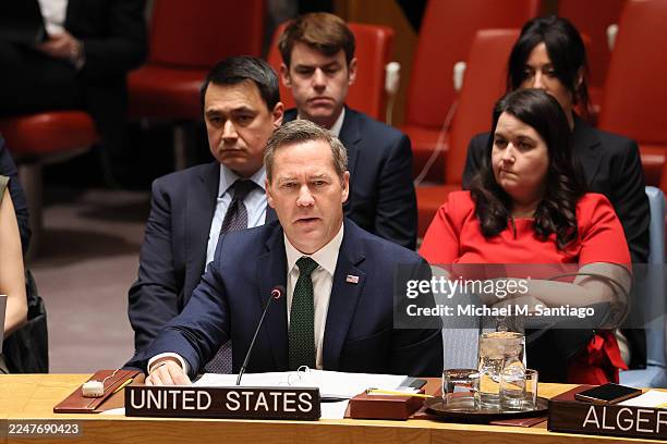 Mike Waltz, U.S. Ambassador to the UN, speaks during a United Nations Security Council meeting on the maintenance of peace and security of Ukraine at...
