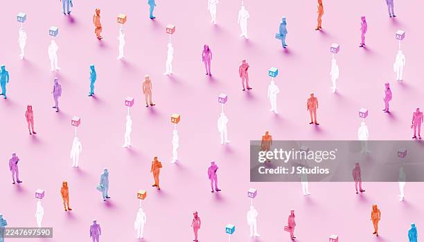 solid and translucent workers with ai signs - workforce replacement - replacement stock pictures, royalty-free photos & images
