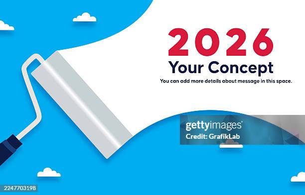 2026 paint roller renovation copy space blue background - renovation stock illustrations