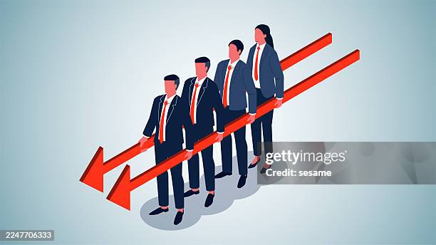 teamwork, the same choices and directions within the team.isometric view business team members holding two arrows in the same direction together - height difference stock illustrations