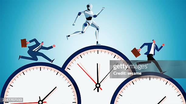 comparison of work efficiency between robots and humans, and competition between robots and humans. robots and businessmen are running on a clock - hard working employee and exaggeration stock illustrations