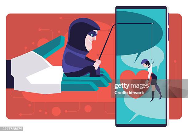 hacker sitting on robot hand and catching woman who holding heart on smartphone - scammer stock illustrations