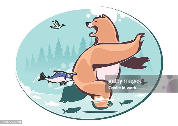 angry salmon fish biting feared bear which running away - salmon jumping stock illustrations
