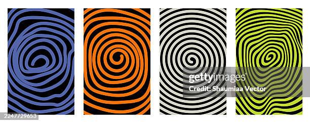 set of groovy swirl psychedelic vortex pattern. retro spiral twirl vector background. abstract optical vintage illusion texture - vortex stock illustrations