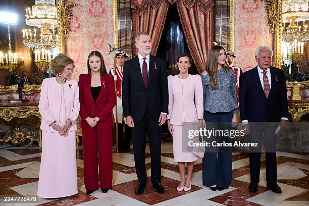 Queen Sofia, Crown Princess Leonor of Spain, King Felipe VI of Spain, Queen Letizia of Spain, Princess Sofia of Spain, and former President Felipe...