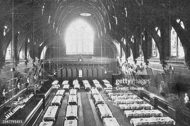 harvard university and surroundings: dining hall, memorial hall - harvard university stock illustrations