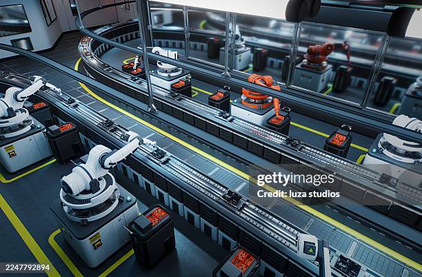 modern robotic assembly line in a high-tech motherboard factory with automated arms and conveyors - industrial style stock pictures, royalty-free photos & images