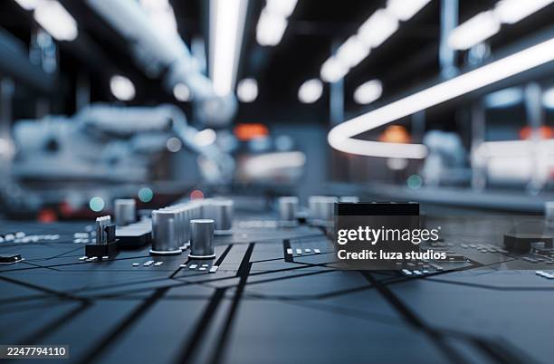 advanced motherboard factory scene with circuit board, machinery, and futuristic robotics in operation - industrial style stock pictures, royalty-free photos & images