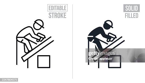 roofer wearing safety gear roofing a house - editable stroke and solid icons - rooftop stock illustrations