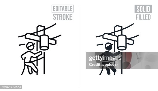 Utility Worker Working On A Power line - Editable Stroke And Solid Icons Utility Worker Working On A Power line - Editable Stroke And Solid Icons