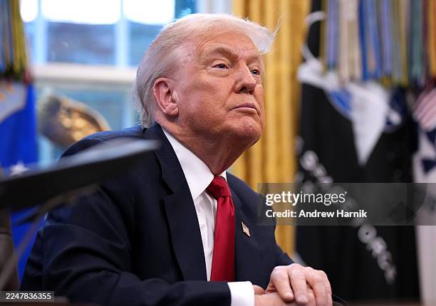 President Donald Trump delivers remarks during a meeting with New York City Mayor-elect Zohran Mamdani in the Oval Office of the White House on...