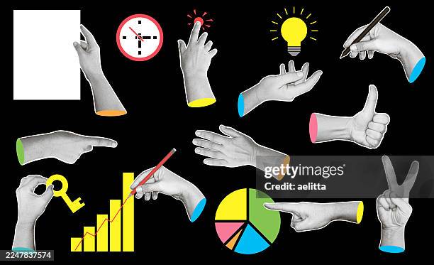 illustrations of hands in halftone style, displaying various gestures and poses, along with stylized business elements. - black arm stock illustrations