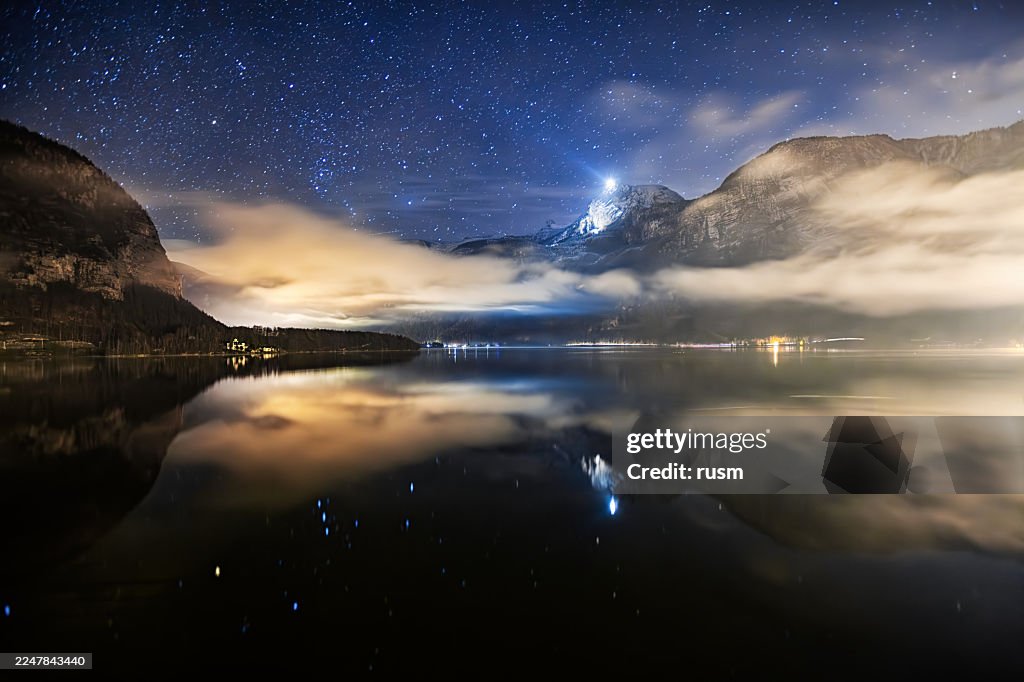 Night sky over Lake Hallstatt (Hallstatter See), Austria
