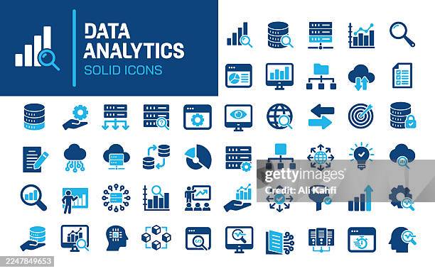 data analytics glyph solid icons. containing analysing, research, searching solid icons collection. vector illustration. perfect pixel on clean white background - data analytics icon stock illustrations